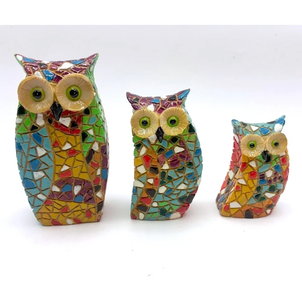 Mosaic Style Owl Gaudi Style Figurine Set 3in 2in 1.5in Multicolor Resin Decor